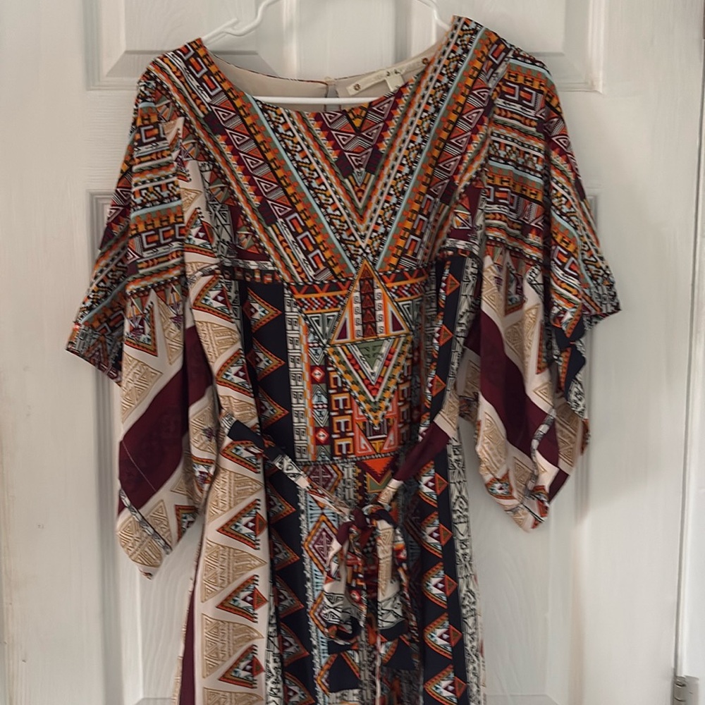 Boho Tribal Print Mini Dress Festival Kimono Sleeve Tie Waist Small - Picture 4 of 11